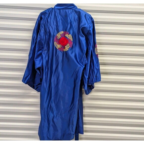 Blue Silky Kimono Robe With Red & Yellow Embroidered Rose Design - Picture 5 of 11